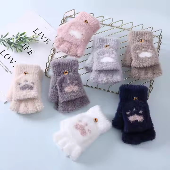 Women Winter Fingerless Gloves | Fluffy Plush Convertible Gloves | Soft Winter Warm Half Finger Gloves