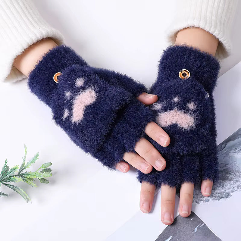 Women Winter Fingerless Gloves | Fluffy Plush Convertible Gloves | Soft Winter Warm Half Finger Gloves