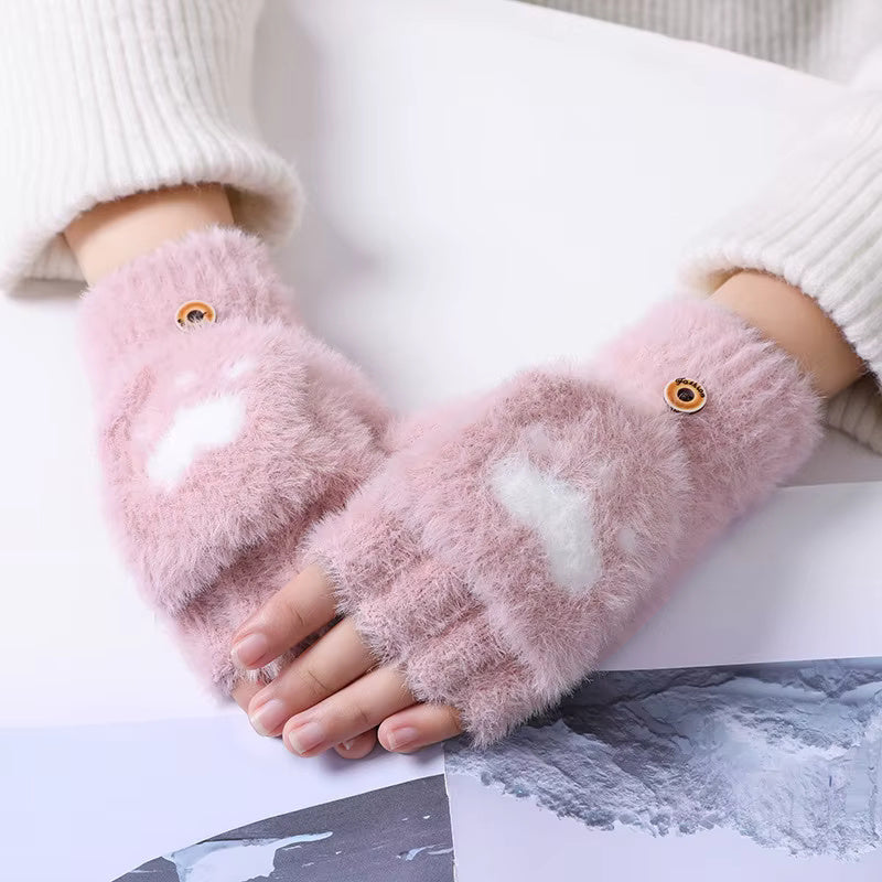 Women Winter Fingerless Gloves | Fluffy Plush Convertible Gloves | Soft Winter Warm Half Finger Gloves