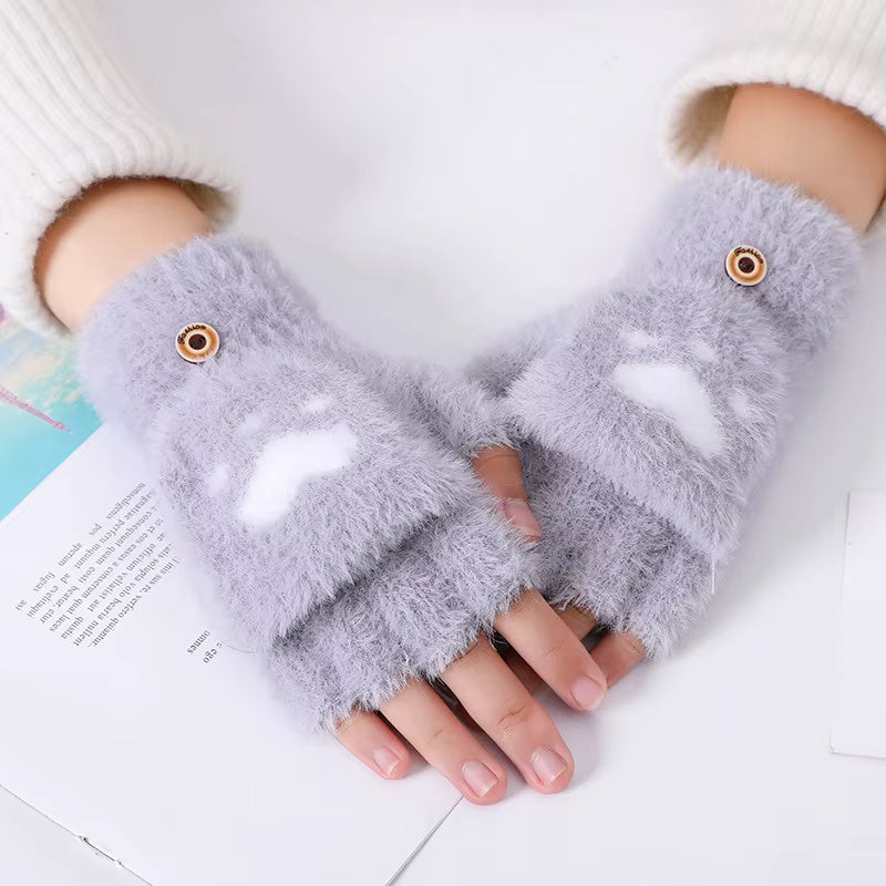 Women Winter Fingerless Gloves | Fluffy Plush Convertible Gloves | Soft Winter Warm Half Finger Gloves