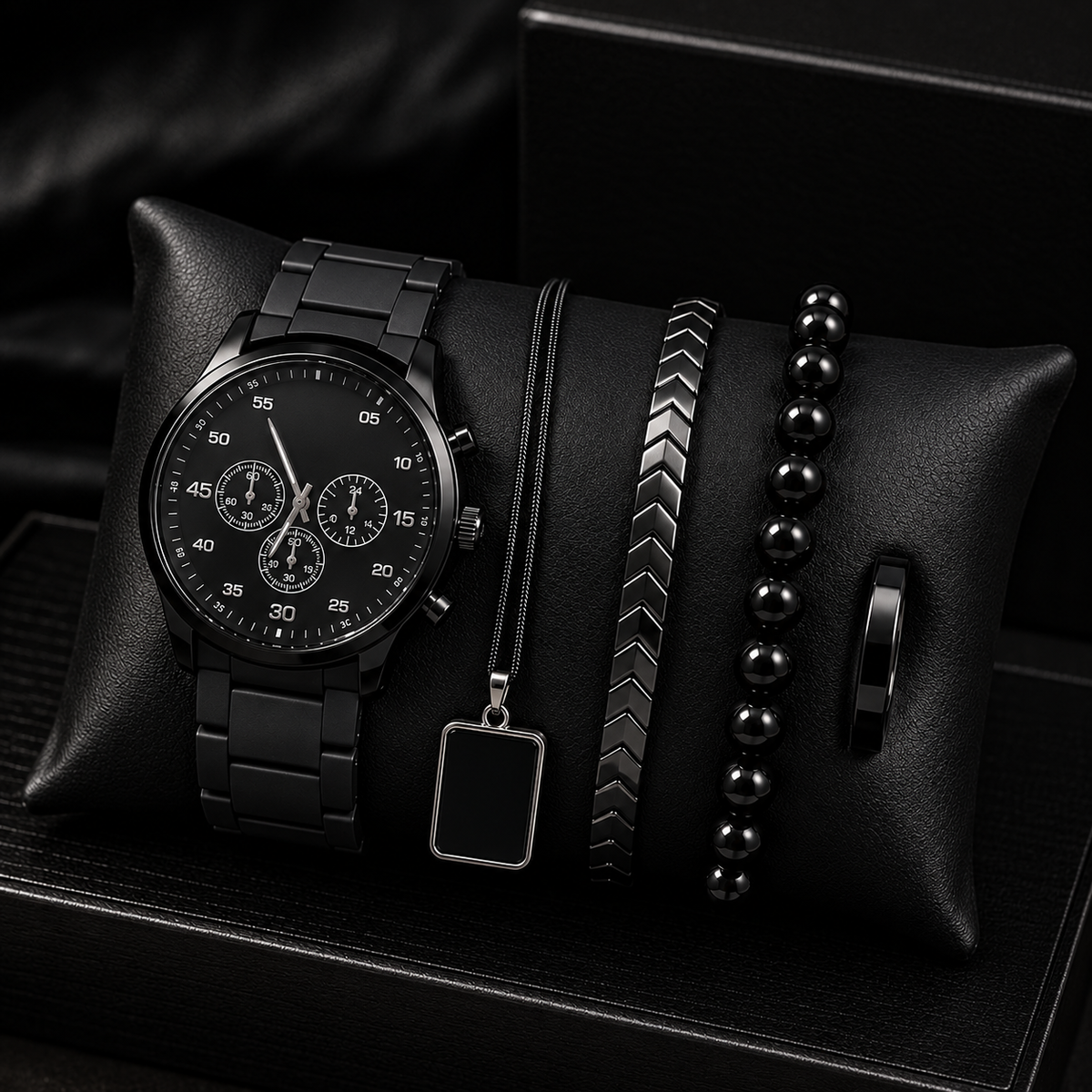 Luxury Black Chronograph Watch & 5-Piece Men’s Accessories Combo