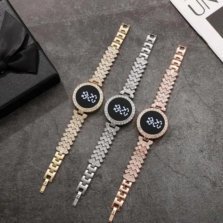 Round Digital Diamond Touch LED Watch for Women Girls