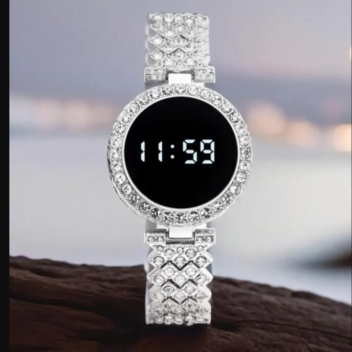 Round Digital Diamond Touch LED Watch for Women Girls