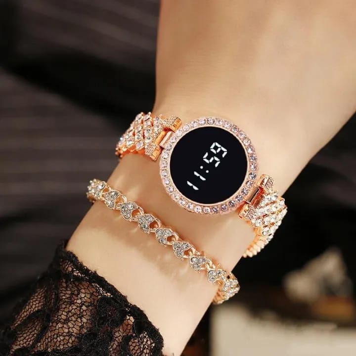 Round Digital Diamond Touch LED Watch for Women Girls