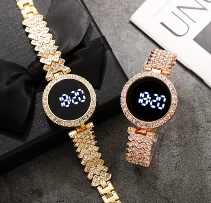 Round Digital Diamond Touch LED Watch for Women Girls