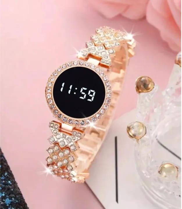 Round Digital Diamond Touch LED Watch for Women Girls