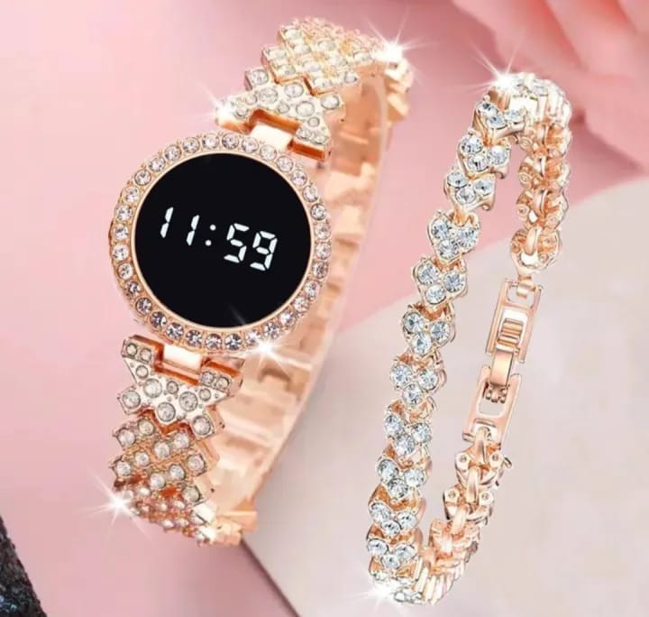 Round Digital Diamond Touch LED Watch for Women Girls