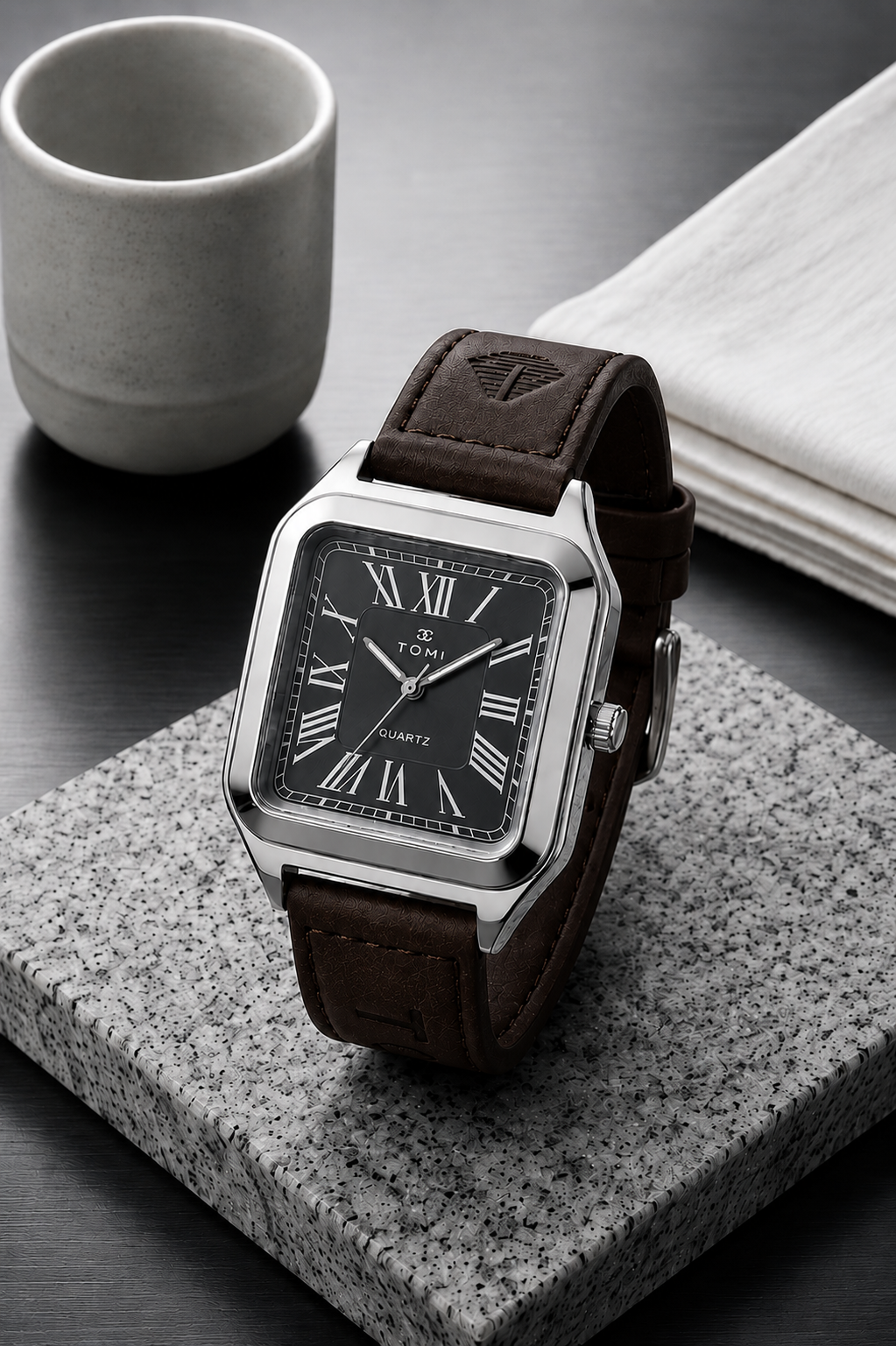 TOMI Classic Square Roman Numeral Quartz Watch – Vintage Leather Strap