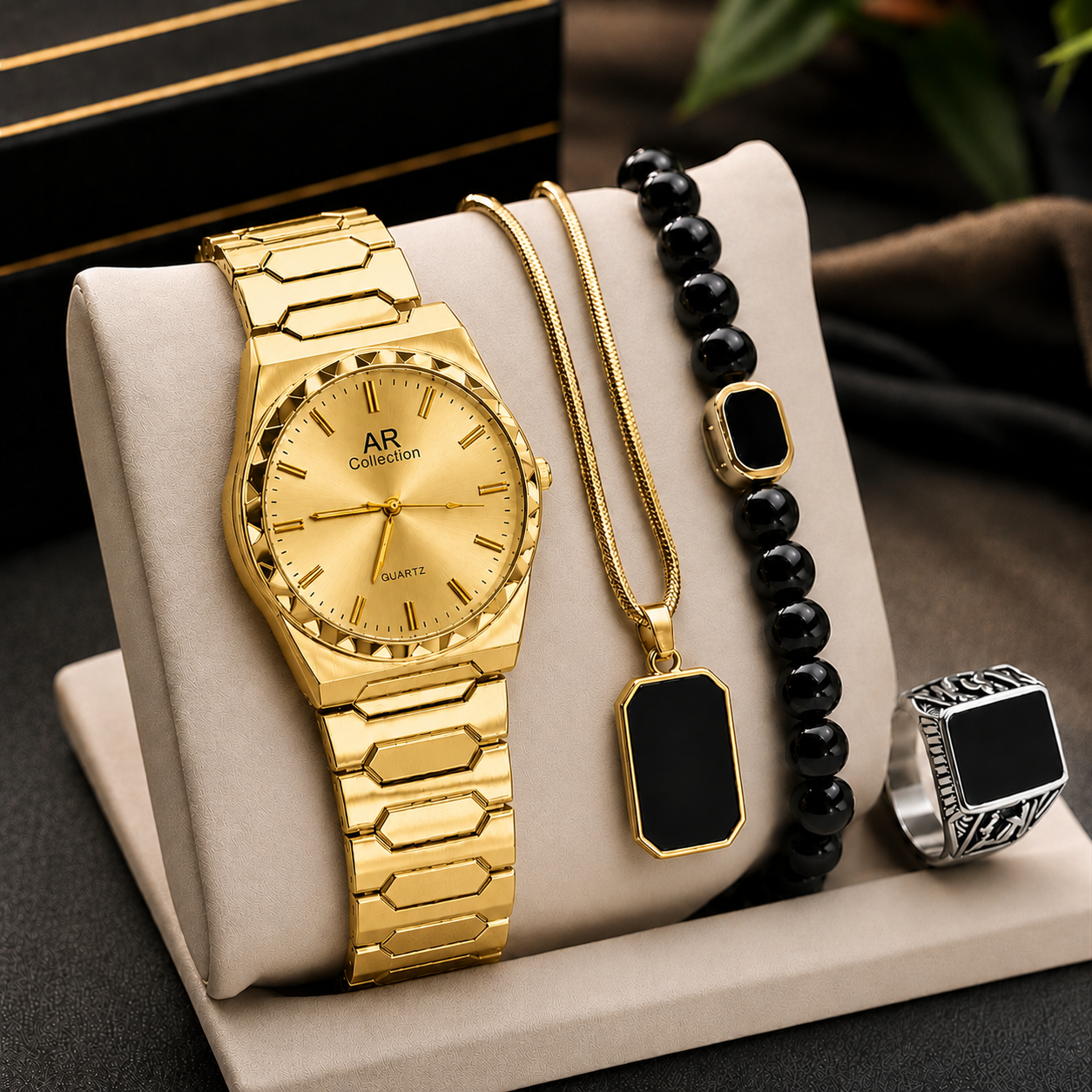 Luxury Menβs 4-Piece Black Accessories Combo Set | Watch, Ring, Bracelet & Pendant