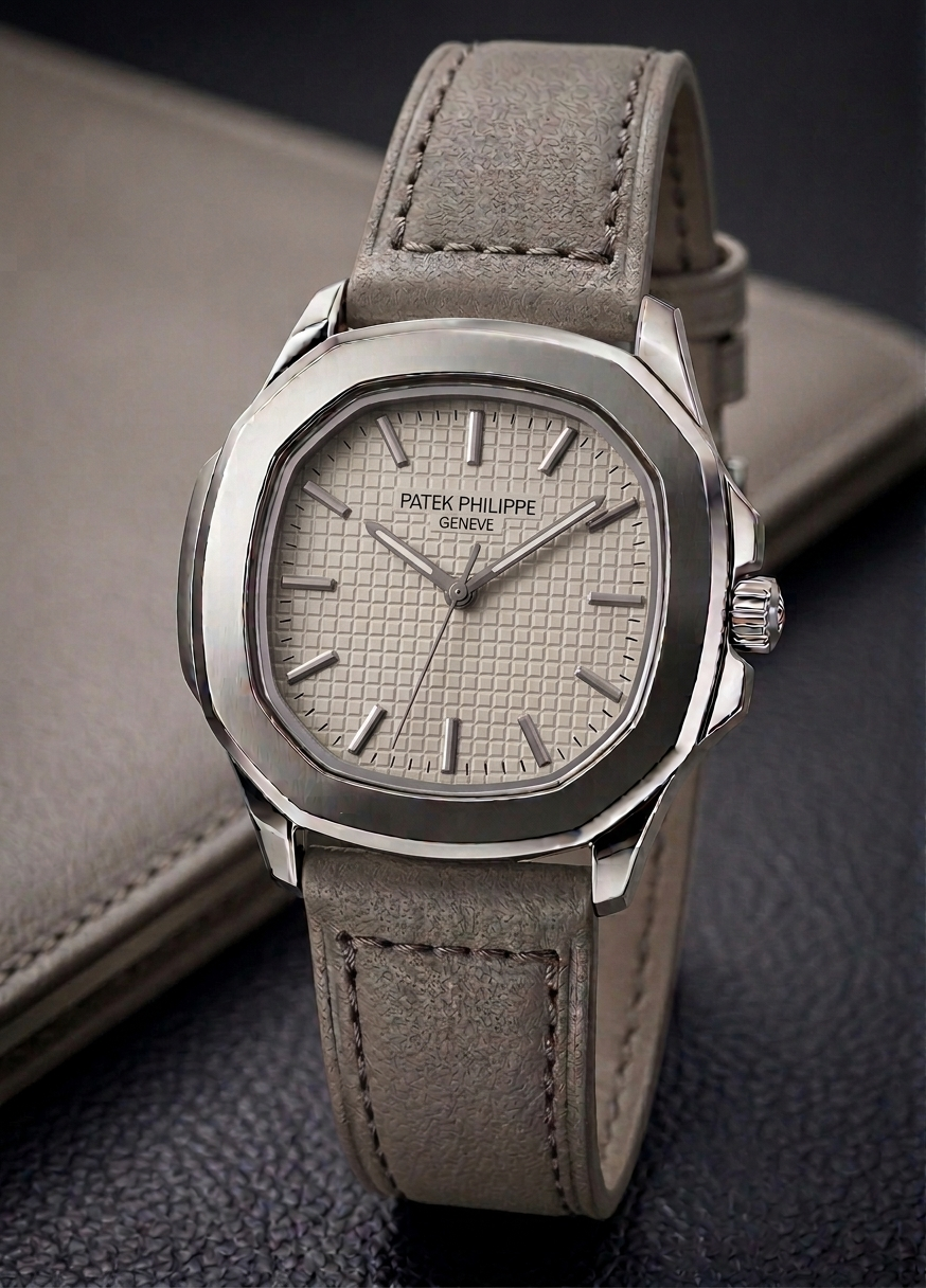 Megnet Lock Nautilus-Inspired Sports Watch – Textured Waffle Dial & Leather Strap