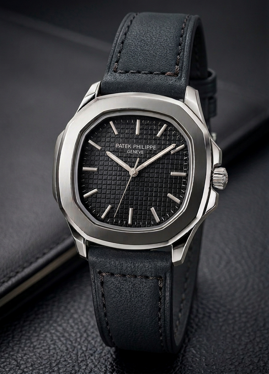 Megnet Lock Nautilus-Inspired Sports Watch – Textured Waffle Dial & Leather Strap