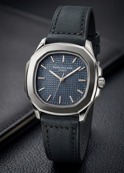 Megnet Lock Nautilus-Inspired Sports Watch – Textured Waffle Dial & Leather Strap