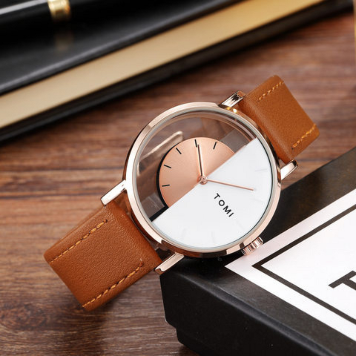 T.O.M.I Half Dial Watch Leather Strap Casual Fashion for Men