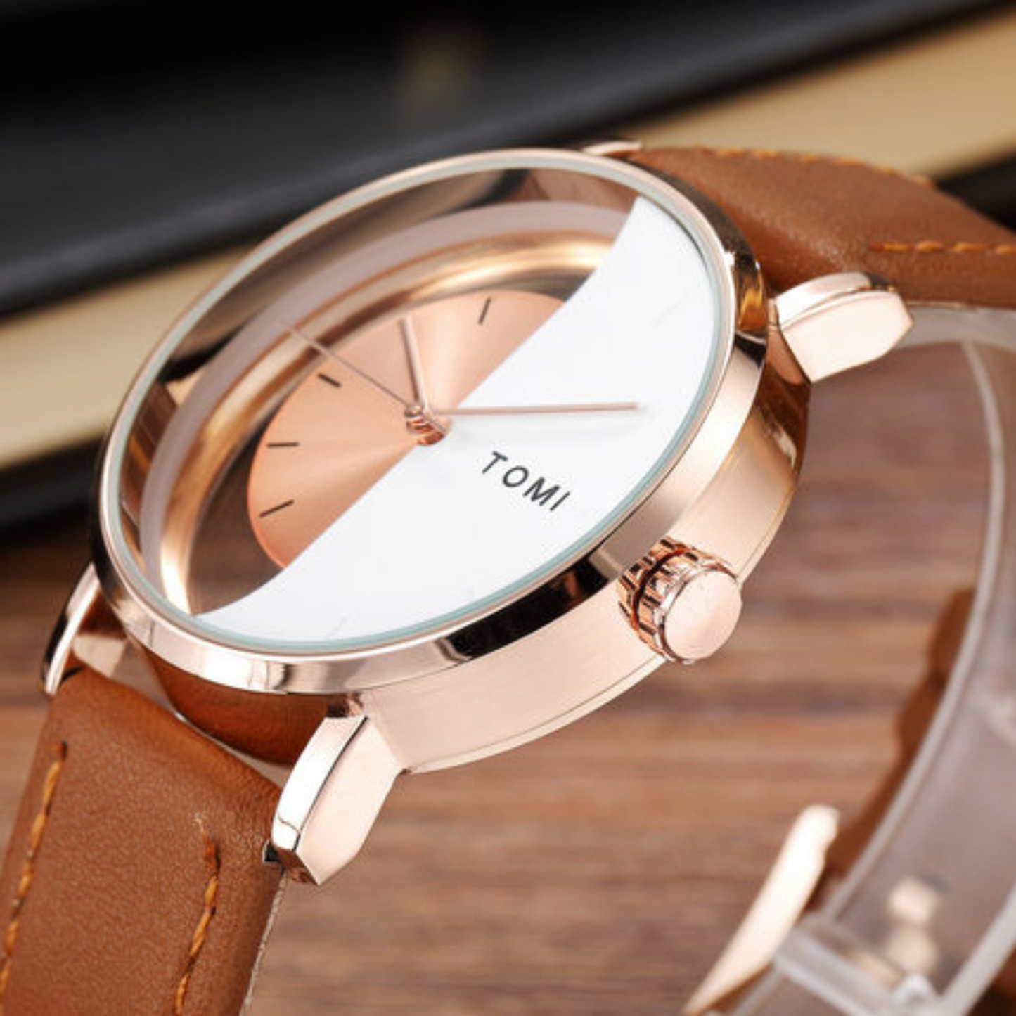 T.O.M.I Half Dial Watch Leather Strap Casual Fashion for Men