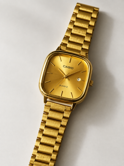 CASIO Square Dial Stainless Steel Quartz Watch for Men – Gold, Black & Silver