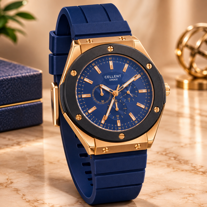 Luxury Chronograph Wristwatch – Gold-Tone Case, Black Bezel & Multi-Color Strap Options