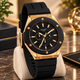 Luxury Chronograph Wristwatch – Gold-Tone Case, Black Bezel & Multi-Color Strap Options