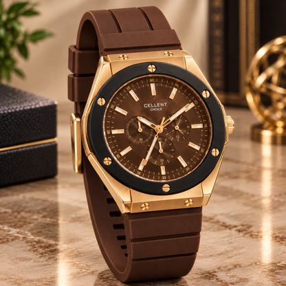 Luxury Chronograph Wristwatch – Gold-Tone Case, Black Bezel & Multi-Color Strap Options