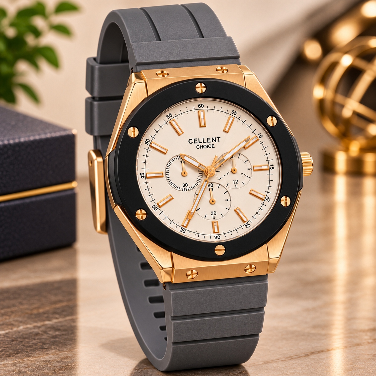 Luxury Chronograph Wristwatch – Gold-Tone Case, Black Bezel & Multi-Color Strap Options