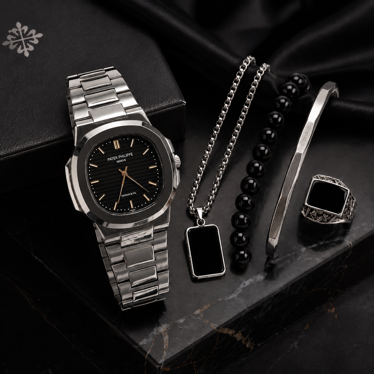 Premium Men’s Black Dial Watch & Accessories Combo Set