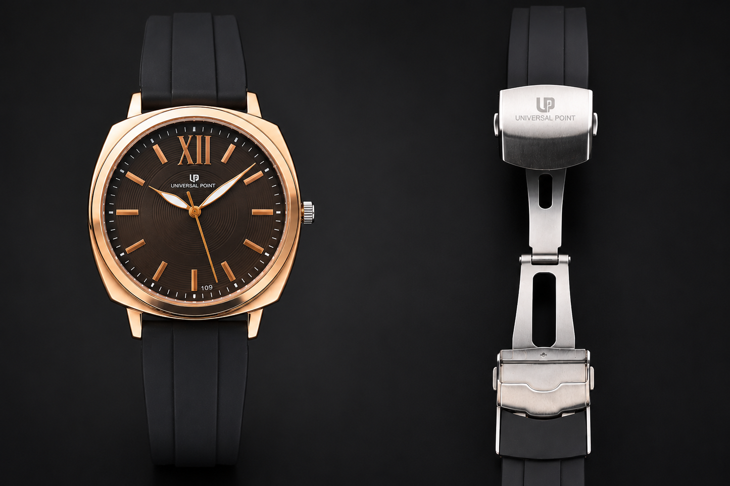 Universal Point Premium Black Dial Men’s Watch | Glossy Black Case | Silicone Strap | Master Lock Clasp | Analog Wrist Watch
