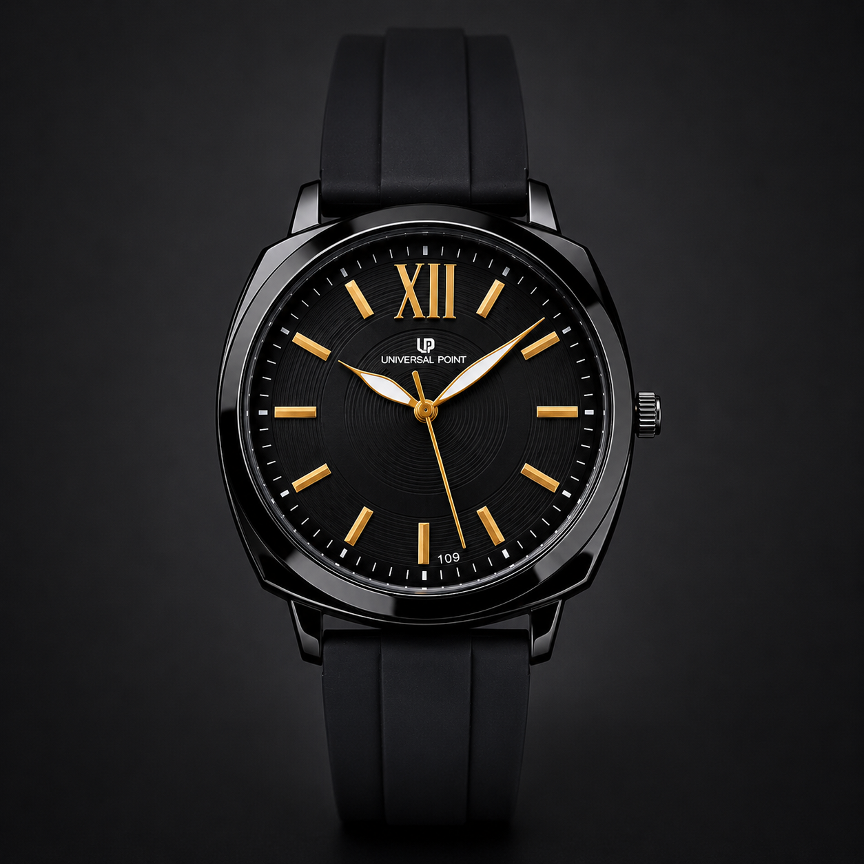 Universal Point Premium Black Dial Men’s Watch | Glossy Black Case | Silicone Strap | Master Lock Clasp | Analog Wrist Watch
