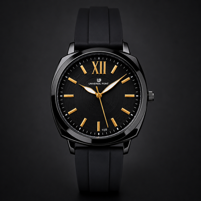 Universal Point Premium Black Dial Men’s Watch | Glossy Black Case | Silicone Strap | Master Lock Clasp | Analog Wrist Watch
