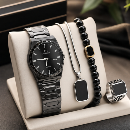Luxury Men’s 4-Piece Black Accessories Combo Set | Watch, Ring, Bracelet & Pendant