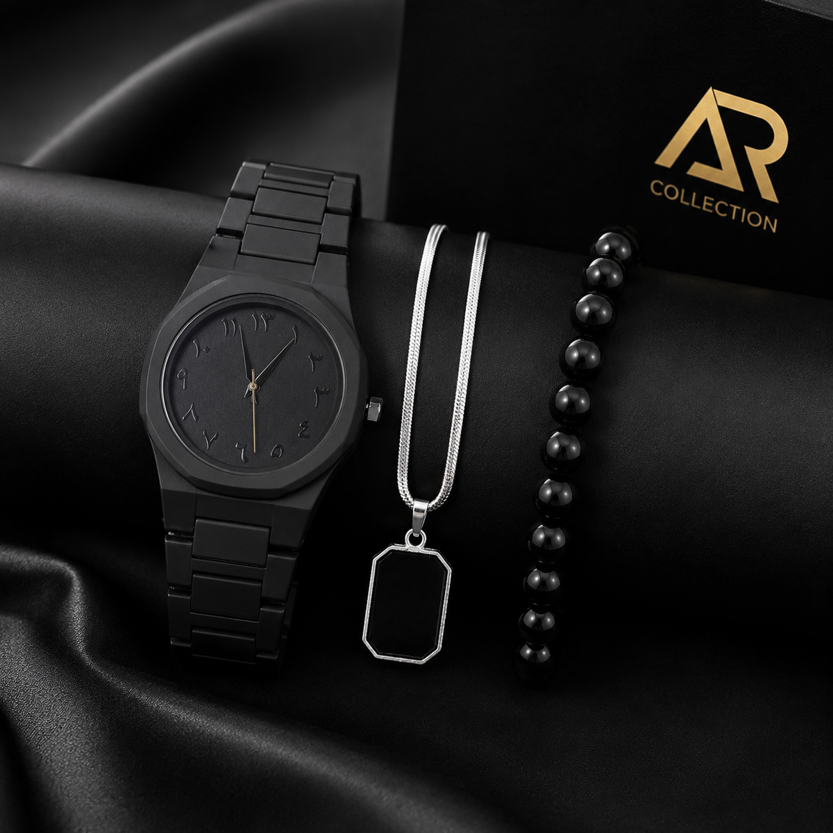 BLACK AURA Watch Combo Set for Men | Watch + Pendant Chain + Beaded Bracelet