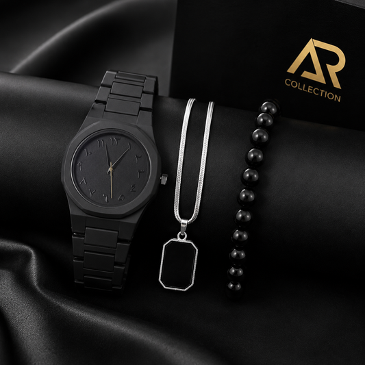 BLACK AURA Watch Combo Set for Men | Watch + Pendant Chain + Beaded Bracelet
