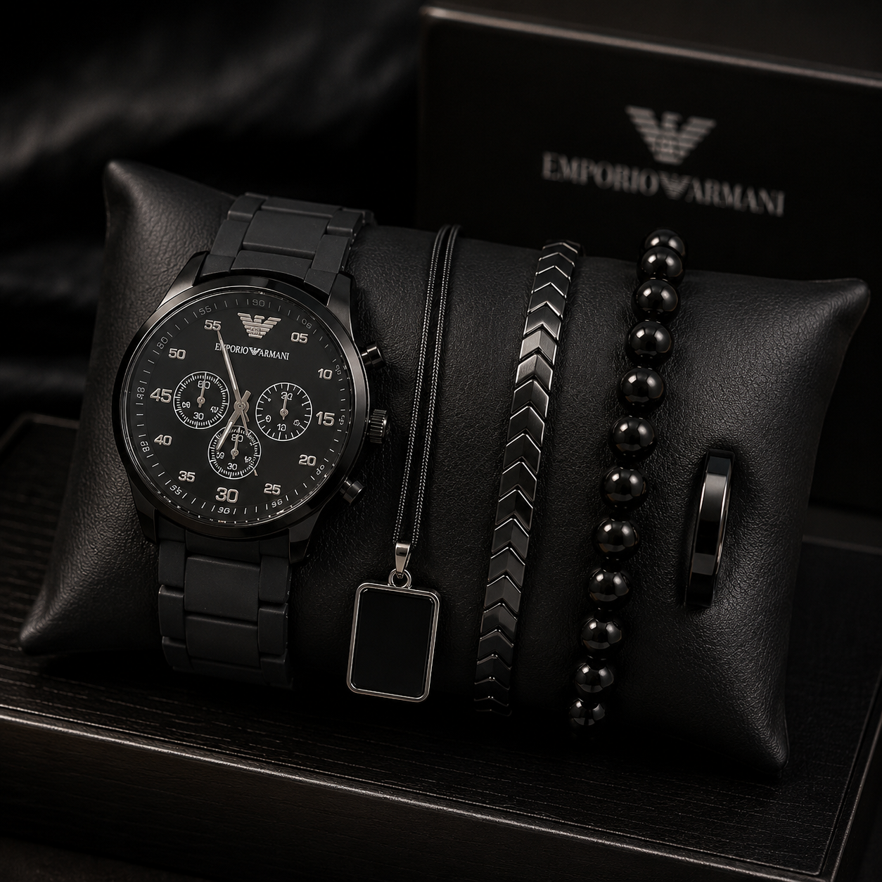 Luxury Black Chronograph Watch & 5-Piece Men’s Accessories Combo