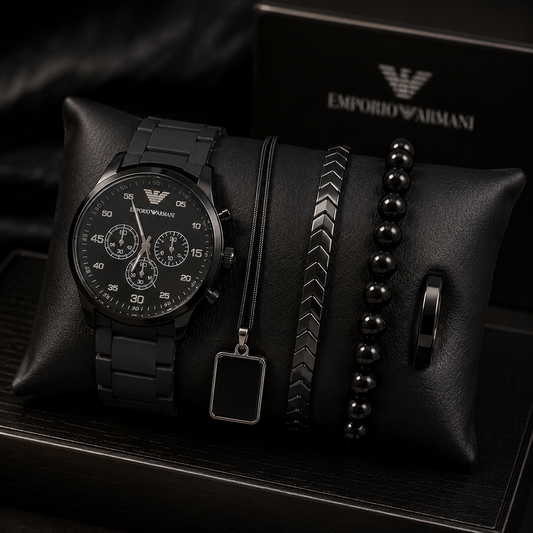 Luxury Black Chronograph Watch & 5-Piece Men’s Accessories Combo