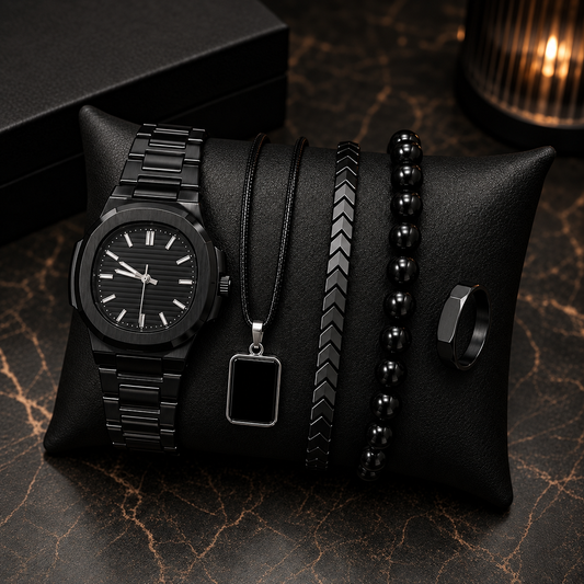 Men’s Luxury Black Watch & Accessories Combo – 5 Piece Premium Style Set