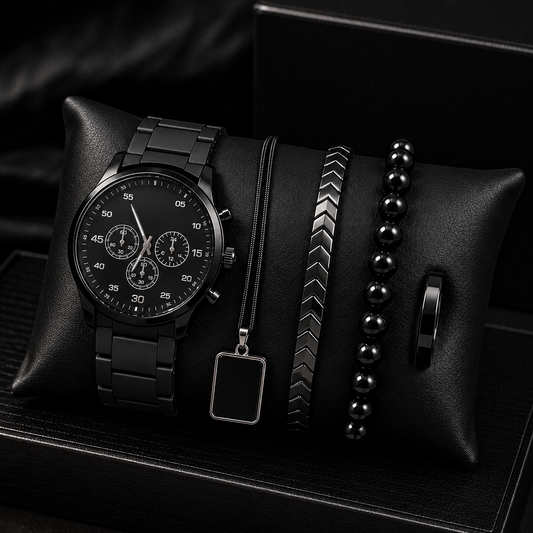 Luxury Black Chronograph Watch & 5-Piece Men’s Accessories Combo