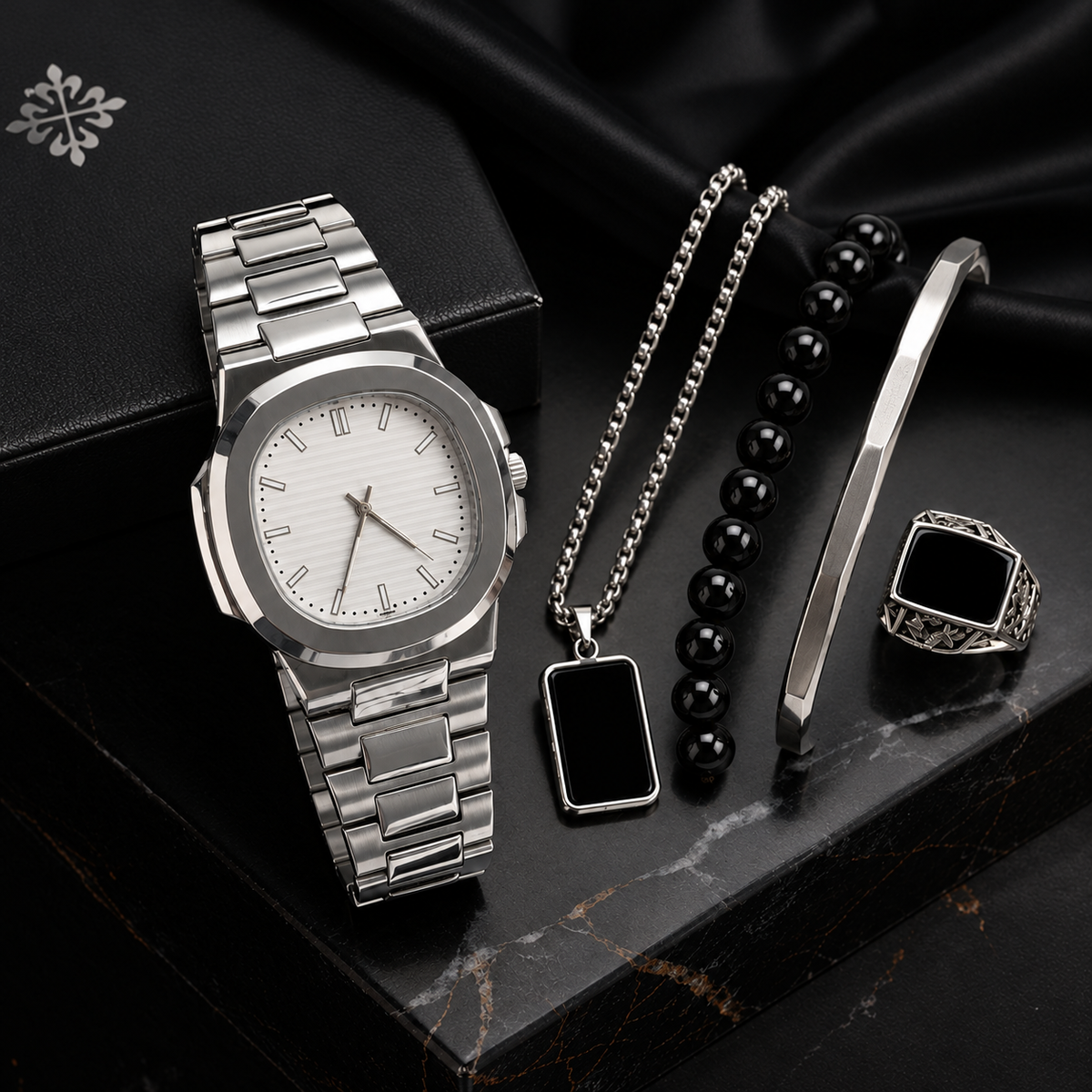 New 5 in 1 Premium Men’s Accessories Gift Set – Watch, Chain, Bracelet, Kada & Ring