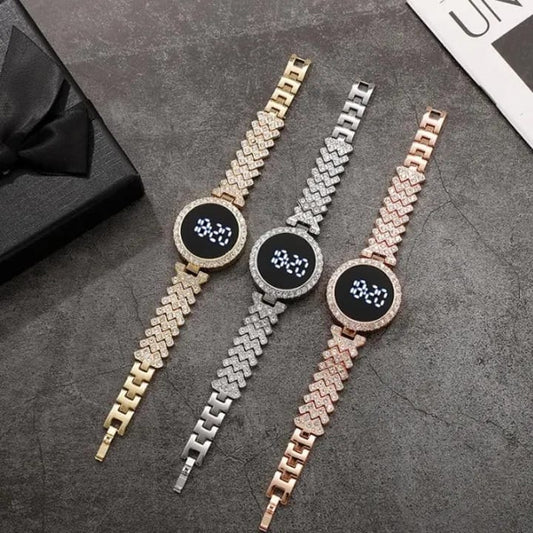 Round Digital Diamond Touch LED Watch for Women Girls