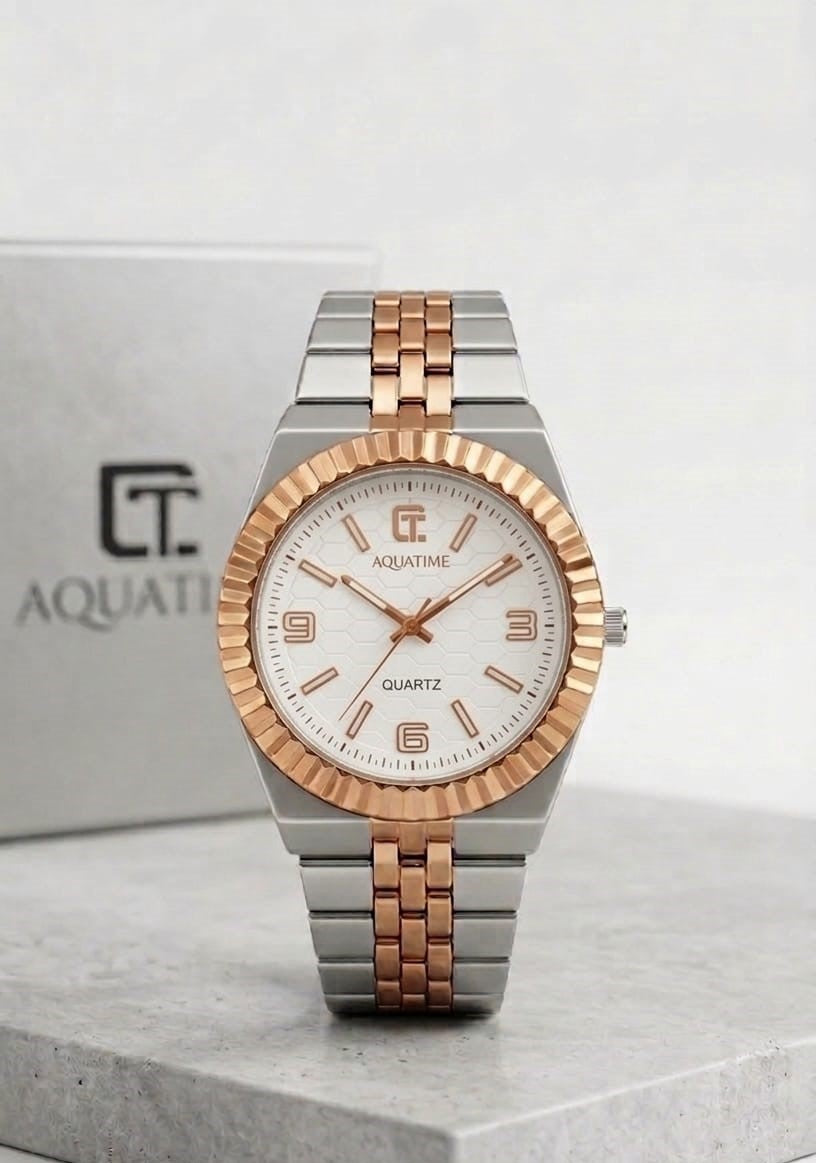 Aquatime Quartz – Fluted Bezel Two-Tone Watch with Honeycomb Dial