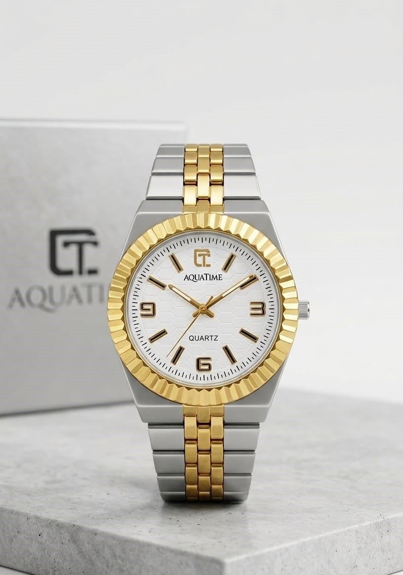 Aquatime Quartz – Fluted Bezel Two-Tone Watch with Honeycomb Dial