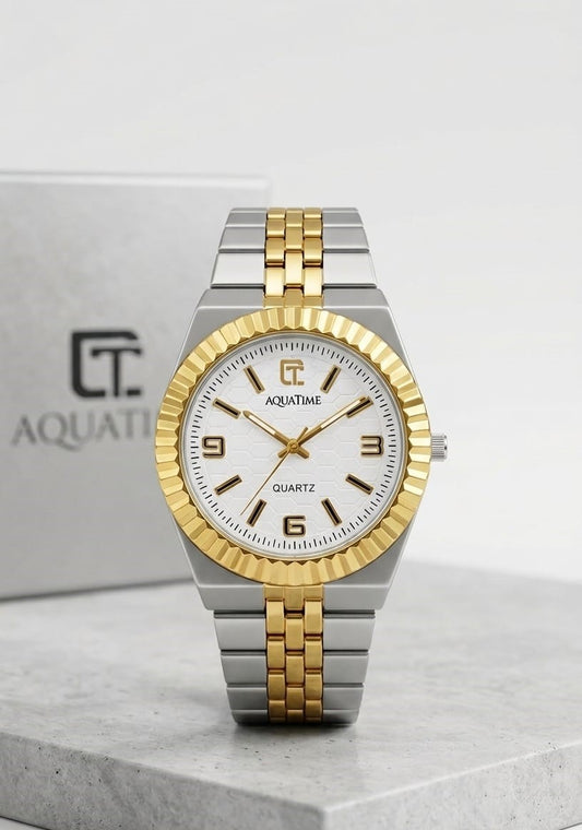 Aquatime Quartz – Fluted Bezel Two-Tone Watch with Honeycomb Dial