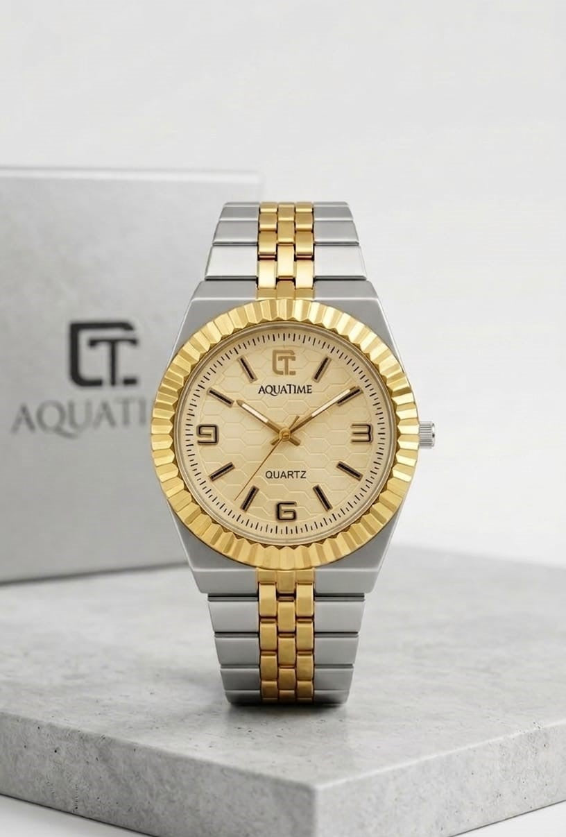Aquatime Quartz – Fluted Bezel Two-Tone Watch with Honeycomb Dial