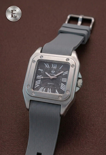 The Legacy Square – Silver Roman Numeral Watch with Ribbed Silicon Strap