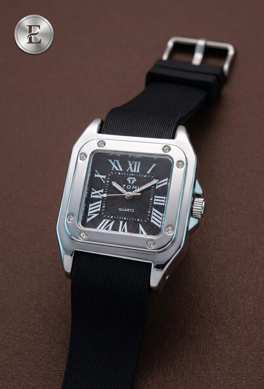 The Legacy Square – Silver Roman Numeral Watch with Ribbed Silicon Strap