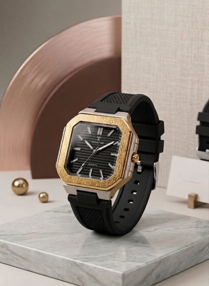 Aquatime Horizon Series – Gold Brushed Bezel & Matte Black Silicone Watch