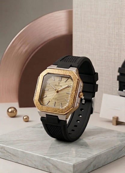 Aquatime Horizon Series – Gold Brushed Bezel & Matte Black Silicone Watch