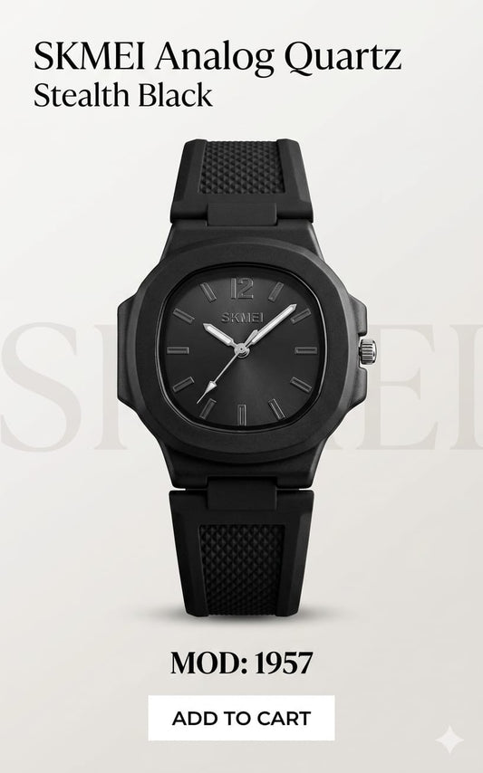 SKMEI Stealth Black Analog Quartz Silicone Strap – Model 1957