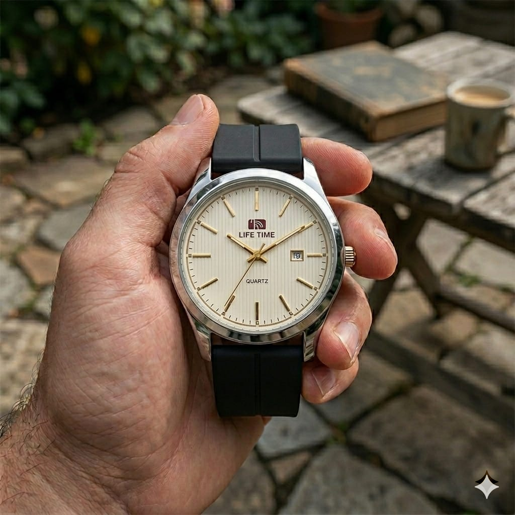 Life Time Men's Quartz Watch – Classic Textured Date Dial with Silicone Megnet Strap