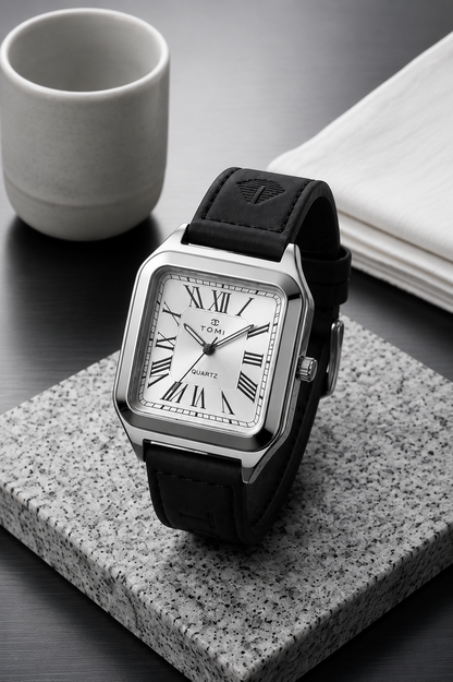 TOMI Classic Square Roman Numeral Quartz Watch – Vintage Leather Strap