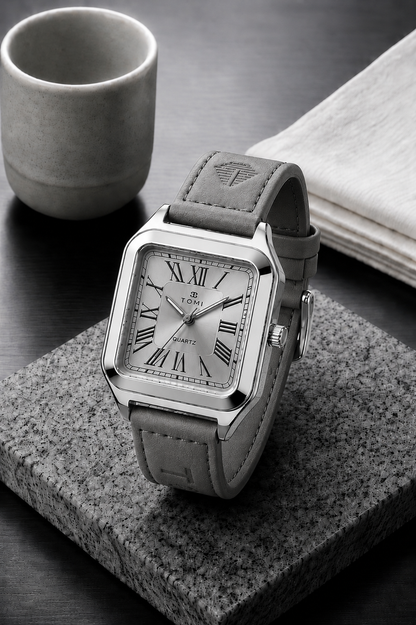 TOMI Classic Square Roman Numeral Quartz Watch – Vintage Leather Strap