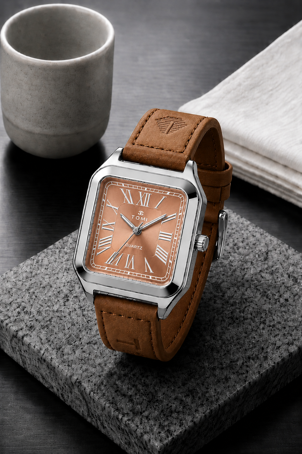 TOMI Classic Square Roman Numeral Quartz Watch – Vintage Leather Strap