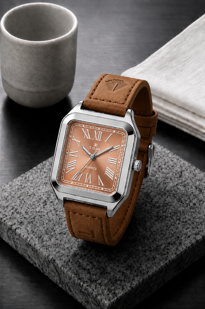 TOMI Classic Square Roman Numeral Quartz Watch – Vintage Leather Strap